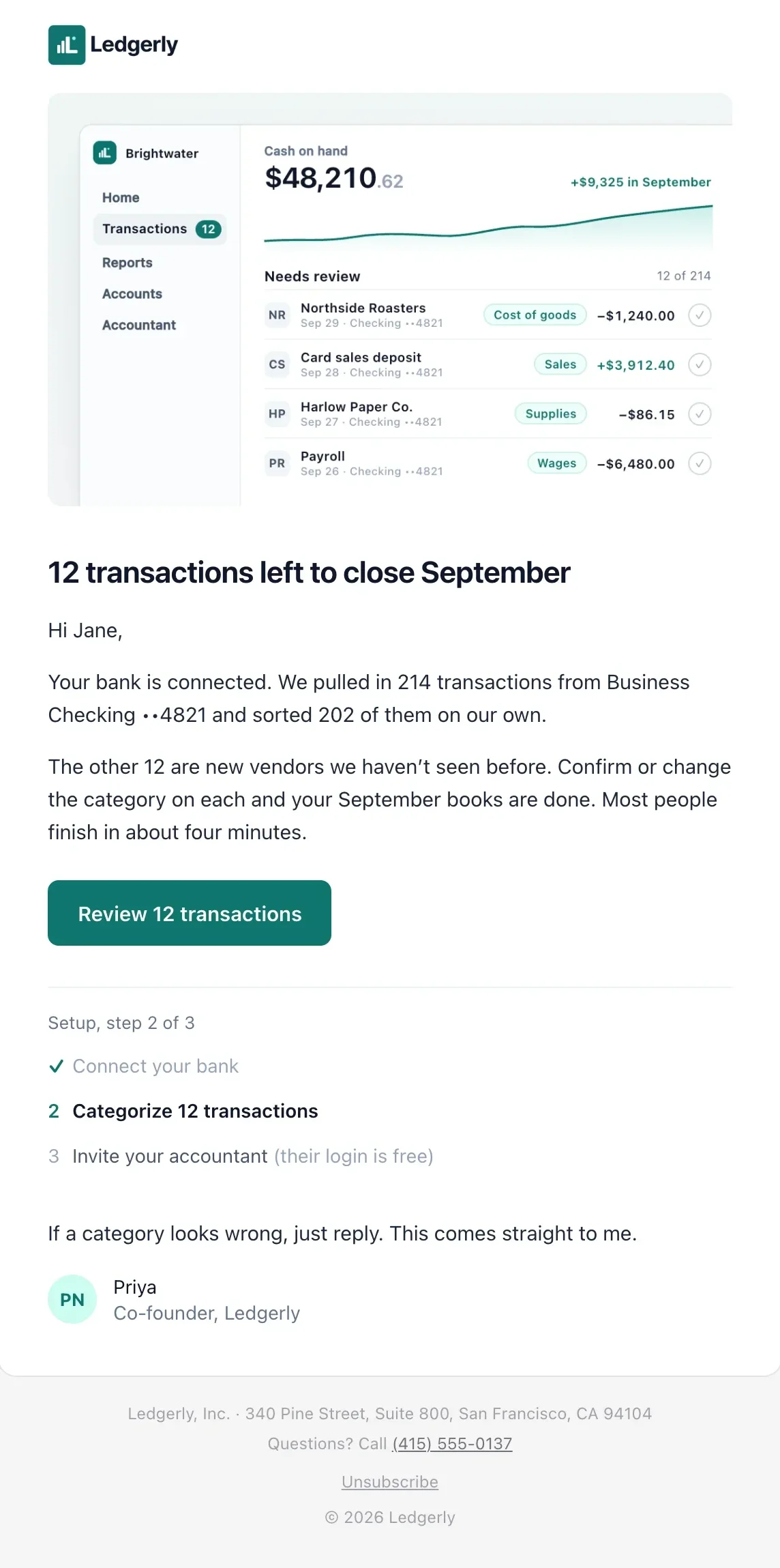 Ledgerly onboarding email: a product screen of transactions that need review